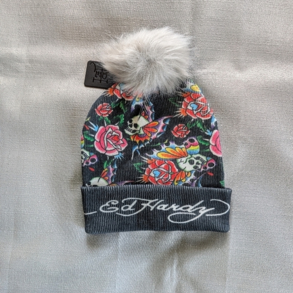 Ed Hardy Tattoo Print Pom Beanie Hat NEW!